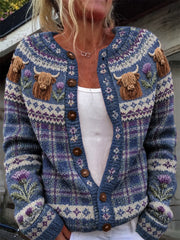 Damen-Strickjacke im Vintage-Stil mit Hochlandrindern, schottischem Distel- und Tartanmuster der Isle – Cardigan-Design