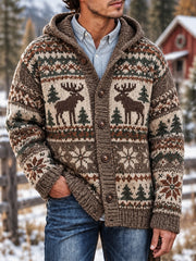 Herren-Vintage-Kapuzen-Strickjacke mit Elchinsel-Print