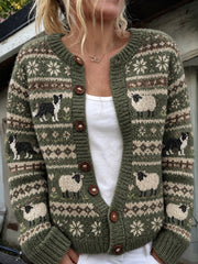 Damen-Strickjacke im Vintage-Stil mit Border‑Collie‑ und flauschigen Schafen auf der Insel – im Cardigan‑Design