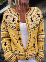 Damen-Strickjacke im Vintage-Stil mit fliegenden Bienen, Wabenmuster und floraler Insel‑Motiv-Strickjacke