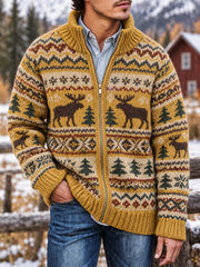 Herren-Vintage-Strickjacke mit Reißverschluss und Moose-Isole-Print