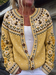 Damen-Strickjacke im Vintage-Stil mit fliegenden Bienen, Wabenmuster und floraler Insel‑Motiv-Strickjacke