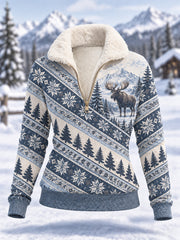 Damen-Winter-Kapuzenpullover aus Fleece im Alltagsstil mit Elch-Print