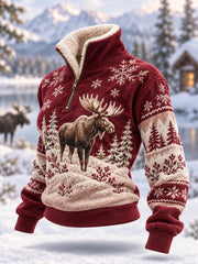 Damen-Winterpullover mit Elch-Print, lässig, aus Plüsch, mit Reißverschluss