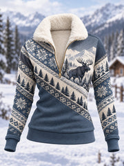 Damen-Winter-Kapuzenpullover aus Fleece im Alltagsstil mit Elch-Print