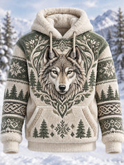Übergroßes Kapuzenpullover für Herren mit nordischen Waldtieren und Taschen, Fleece-Kapuzenpullover