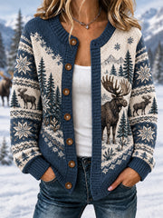 Damen-Winter-Strickjacke mit Elchmuster, lässig