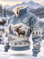 Damen-Winterpullover mit Elch-Print, lässig, aus Plüsch, mit Reißverschluss