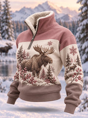 Damen-Winterpullover mit Elch-Print, lässig, aus Plüsch, mit Reißverschluss