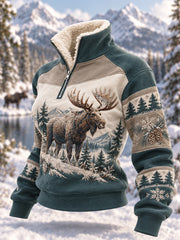 Damen-Winterpullover mit Elch-Print, lässig, aus Plüsch, mit Reißverschluss