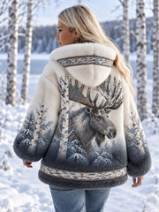 Damen-Vintage-Jacke aus Flanell mit nordischer Tier-Print‑Kunst, lässig und bequem