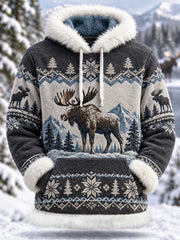 Damen-Winter-Kapuzenpullover aus Plüsch mit Elchmuster – lässig