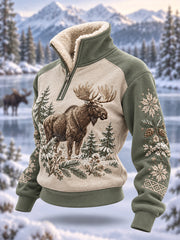 Damen-Winterpullover mit Elch-Print, lässig, aus Plüsch, mit Reißverschluss