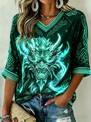 Frauen Viking Mittellänge Ärmel V-Ausschnitt T-Shirt