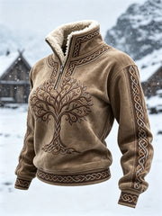 Damen-Top im Vintage-Stil mit Wikinger-Lebensbaum und keltischem Knotenmuster sowie kuscheligem Pelzkragen