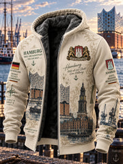 Herrenjacke mit langen Ärmeln und Kapuze, versehen mit einem urbanen Gedenkgrafik-Print