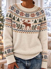 Damen-Winterpullover mit Hirschdruck und langen Ärmeln