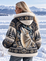 Damen-Kapuzenpullover mit nordischem Waldtier-Print, fleecegefüttert und langärmlig