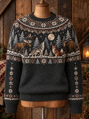 Damen-Strickpullover im nordischen Stil mit Tiermuster, Rundhalsausschnitt und langen Ärmeln