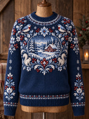 Damen-Strickpullover im nordischen Stil mit Tiermuster, Rundhalsausschnitt und langen Ärmeln