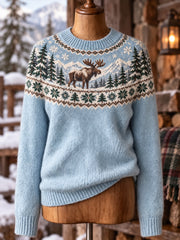 Damen-Strickpullover im nordischen Stil mit Tiermuster, Rundhalsausschnitt und langen Ärmeln