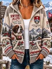 Damen-Strickkapuzenpullover mit alpinem Muster