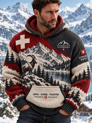 Herren-Winter-Kapuzenpullover aus gestricktem Material mit alpinem Gedenkmotiv