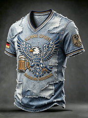 Herren-Deutschland-Fußballadler-Bier-Cowboy-Patchwork-Print lässiges V-Ausschnitt-T-Shirt