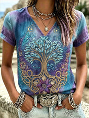 Damen Retro Nordic Mythologie Wikinger Muster bedrucktes Kurzarm-T-Shirt aus Leinen