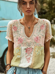 Damen-T-Shirt aus Baumwolle und Leinen mit retro-motiviertem, rosa Blumenmuster
