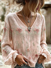Damenhemd aus Baumwoll-Leinen mit Vintage-Glitzerdruck in Pink – Rosen-Motiv