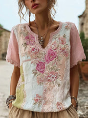 Damen-T-Shirt aus Baumwolle und Leinen mit retro-motiviertem, rosa Blumenmuster