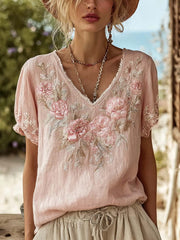 Damen-T-Shirt aus Baumwolle und Leinen mit retro-motiviertem, rosa Blumenmuster
