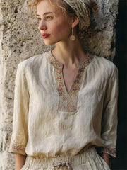 Damen-Vintage-Boho-Linien-Tunika mit Kerbschlitz und Bordüre
