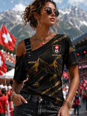 Kurzärmelige Schlaubluse mit Schulterfrei-Design und Frauenfußball-Motiv