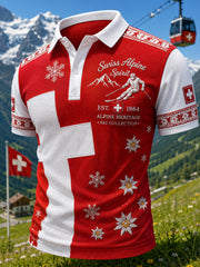 Herren-Poloshirt mit lässigem Ski-Print und kurzen Ärmeln