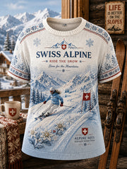 Damen-Strick-T-Shirt mit Skimotiv und kurzen Ärmeln