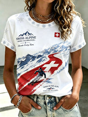 Damen-T-Shirt mit Ski-Motiv, lässig, kurzärmlig
