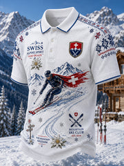 Kurzarm-Polos hirt für Herren mit Ski-Thema bedrucktes Waffel-Strick-Polos hirt