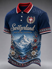 Herren-Poloshirt mit Ski-Motiv-Druck, waffelstrukturiertem Strick und kurzen Ärmeln