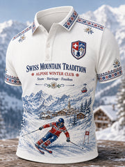 Herren-Poloshirt mit Ski-Motiv-Druck, waffelstrukturiertem Strick und kurzen Ärmeln