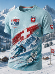 Herren-Kurzarm-T-Shirt mit Ski-Themen bedrucktes lässiges Waffel-Strukturiertes T-Shirt