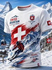 Herren-Casual-T-Shirt mit Skimotiv-Print, waffelformiger Struktur und kurzen Ärmeln