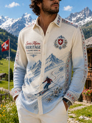 Herren-Waffelpiqué-Hemd mit Langarm und Ski-Print