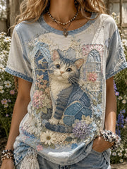 Damen Vintage Floral Katze Collage Kurzarm T-Shirt