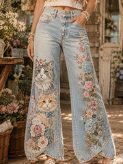 Pastorale Katzen-Collage-Kunstdruck-Hosen im Vintage-Stil für Damen