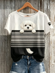 Frauen Peeking Malteser Hund Color block Print Kurzarm T-Shirt
