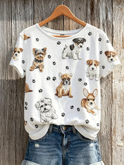 Damen-T-Shirt mit kurzen Ärmeln für Hunde und Pfoten muster