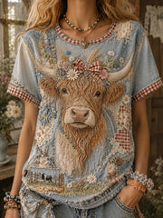 Damen Vintage Floral Highland Kuh Collage Kunst Kurzarm T-Shirt
