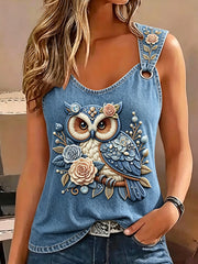 Damen-Retro-Tanktop mit Tier- und Eulenmuster, ärmellos